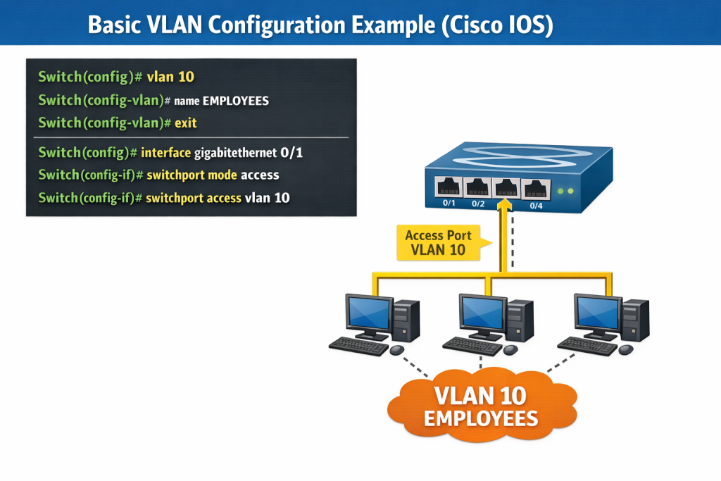 Basic VLAN Configuration Example (Cisco IOS):
Switch(config)# vlan 10
Switch(config-vlan)# name EMPLOYEES
Switch(config-vlan)# exit
Switch(config)# interface gigabitethernet 0/1
Switch(config-if)# switchport mode access
Switch(config-if)# switchport access vlan 10