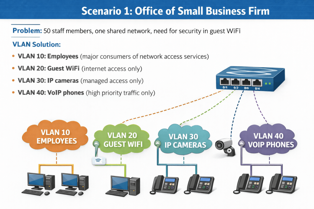 Scenario 1: Office of Small Business Firm
Problem: 50 staff members, one shared network, need for security in guest WiFi
VLAN Solution:
VLAN 10: Employees (major consumers of network access services)
VLAN 20: Guest WiFi (internet access only)
VLAN 30: IP cameras (managed access only)
VLAN 40: VoIP phones (high priority traffic only)