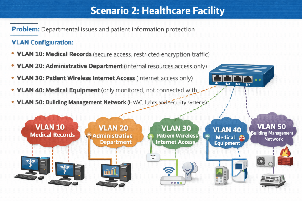 Scenario 2: Healthcare Facility
Problem: Departmental issues and patient information protection
VLAN Configuration:
VLAN 10: Medical Records (secure access, restricted encryption traffic)
VLAN 20: Administrative Department (internal resources access only)
VLAN 30: Patient Wireless Internet Access (internet access only)
VLAN 40: Medical Equipment (only monitored, not connected with other VLANs)
VLAN 50: Building Management Network (HVAC, lights and security systems)