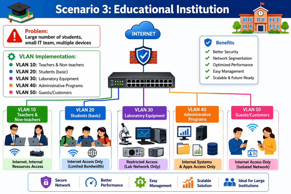 Scenario 3: Educational Institution
Problem: Large number of students, small IT team, multiple devices
VLAN Implementation:
VLAN 10: Teachers & Non-teachers
VLAN 20: Students (basic)
VLAN 30: Laboratory Equipment
VLAN 40: Administrative Programs
VLAN 50: Guests/Customers