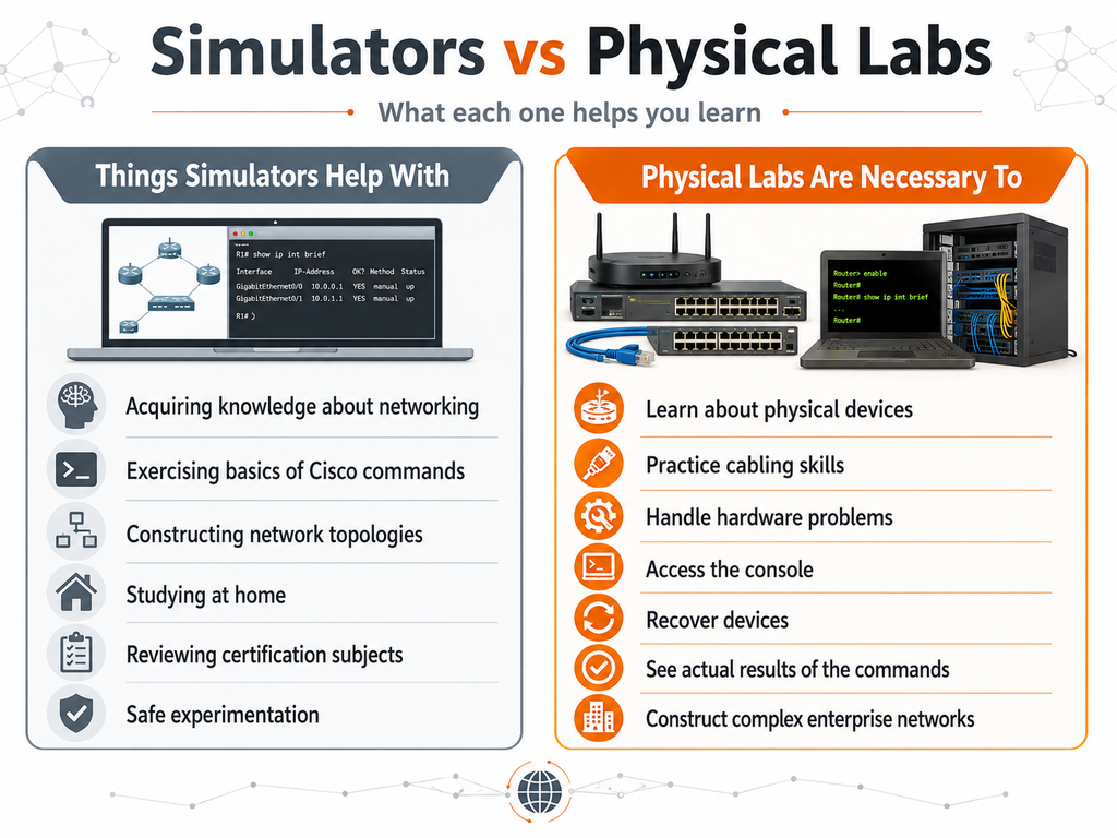 Things Simulators Help With

Acquiring knowledge about networking

Exercising basics of Cisco commands

Constructing network topologies

Studying at home

Reviewing certification subjects

Safe experimentation

Physical Labs Are Necessary To

Learn about physical devices

Practice cabling skills

Handle hardware problems

Access the console

Recover devices

See actual results of the commands

Construct complex enterprise networks