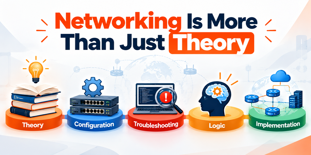 Networking includes various fields of knowledge simultaneously, namely, theoretical, configuring, troubleshooting, logic, and implementation.